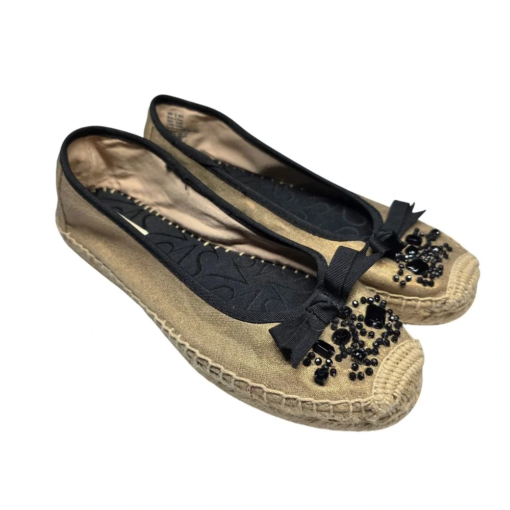 Simply Vera Vera Wang Gold Espadrille Flats Beaded Bow Ballet Shoes Womens 8